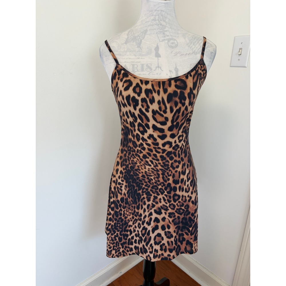 White Fox Leopard Print Dress Womens Medium Y2K Mob Wife Bodycon Mini Cami